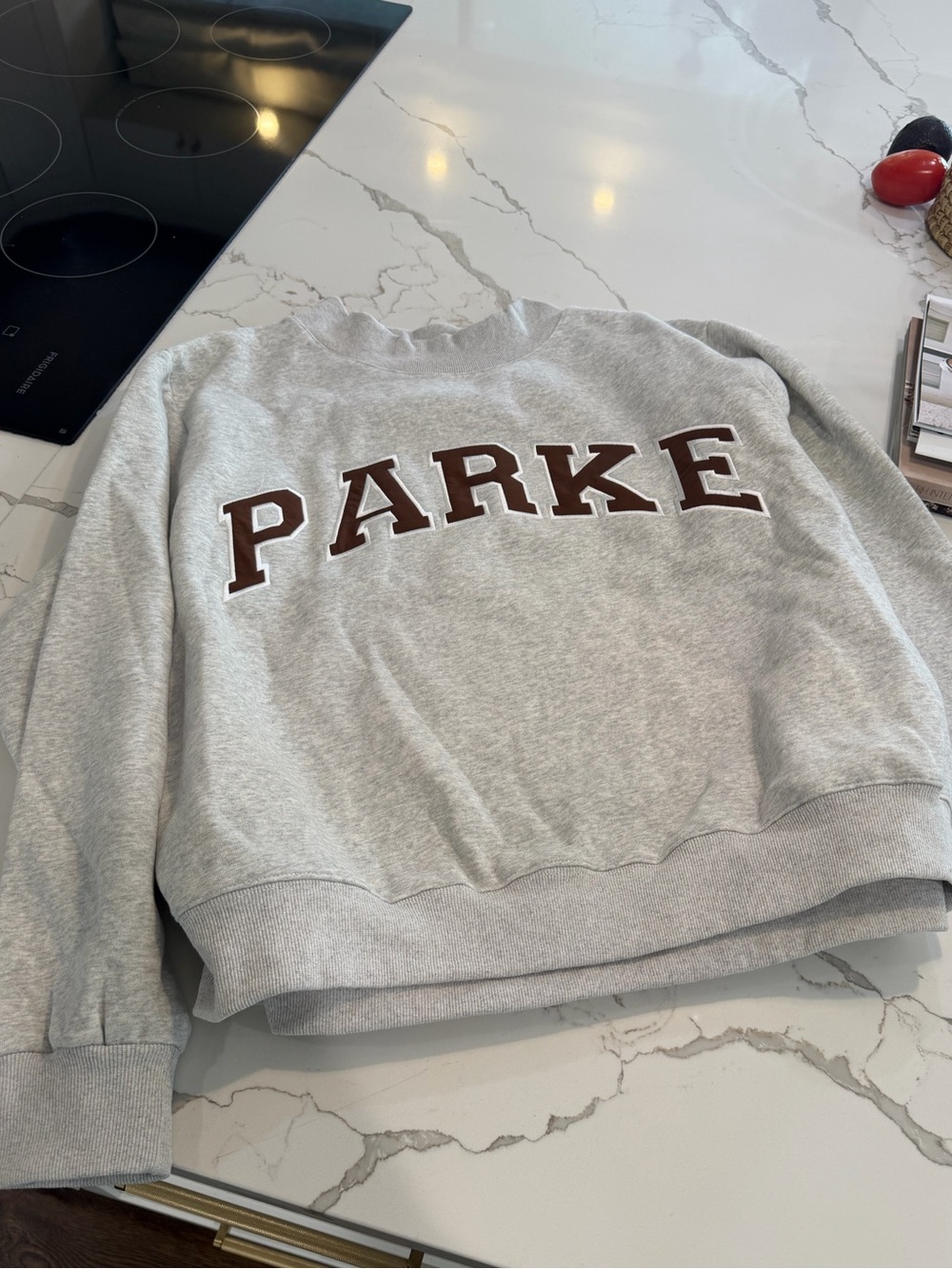 Parker Light Gray Crewneck Sweatshirt with Brown Lettering